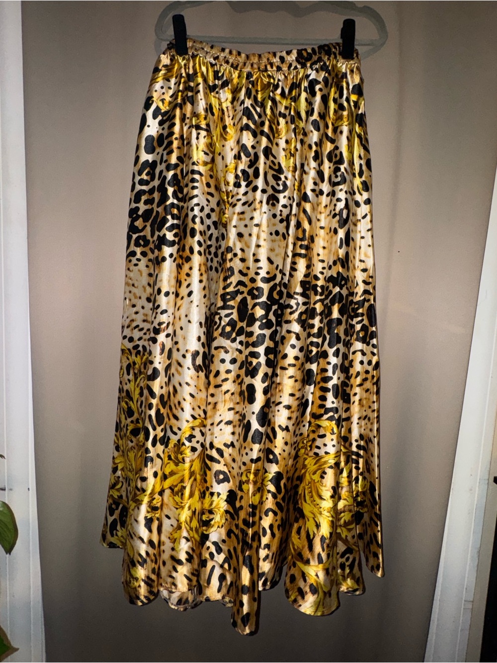 Ashley Stewart Leopard Satin Maxi Skirt with Yellow Baroque Accents